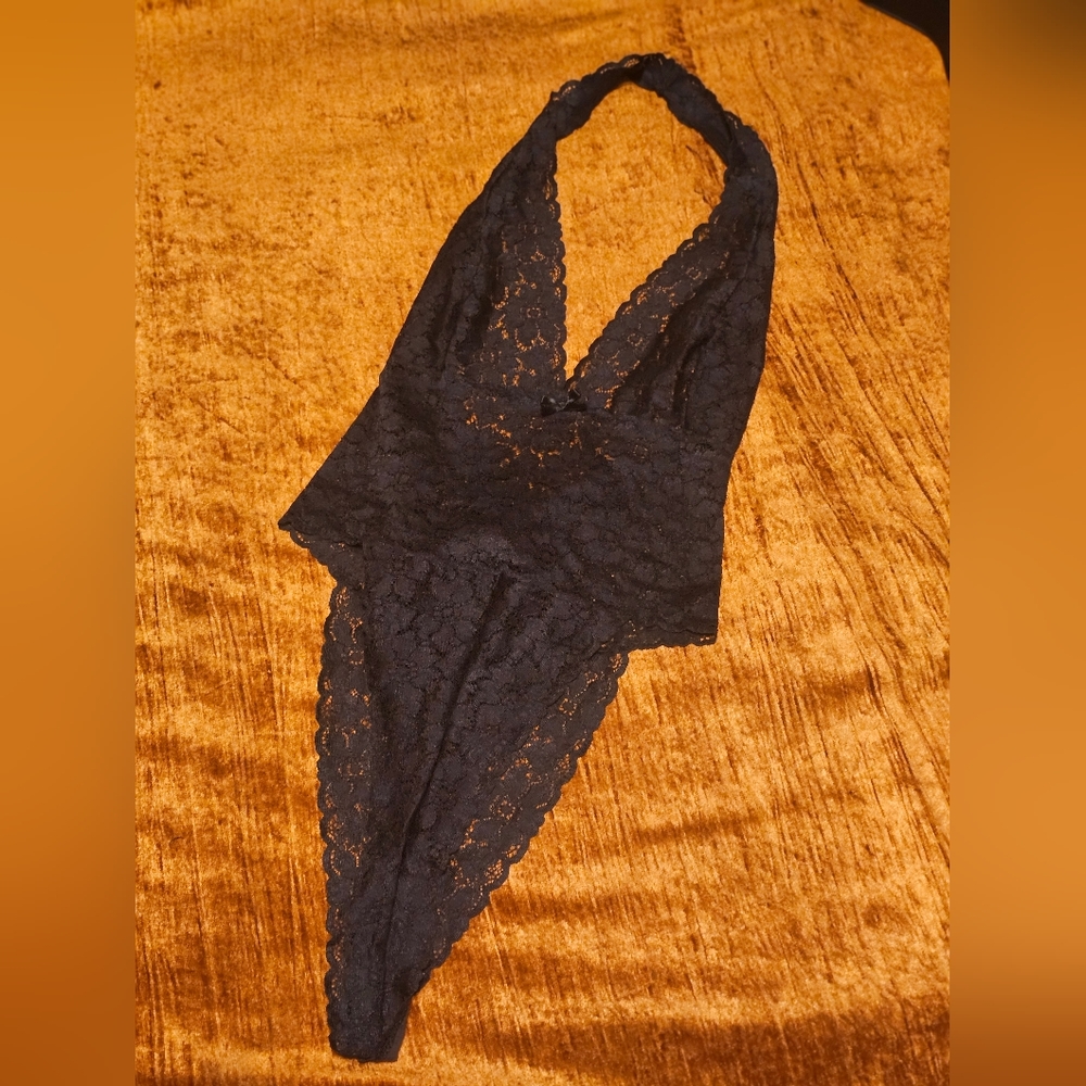 Vintage 90s High Cut Lace Halter Lingerie Bodysuit Size Large